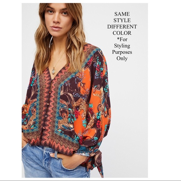 FREE PEOPLE BOHO FLOWY TOP PULLOVER BOHEMIAN PRINT V-NECK BLOUSE A3C - Picture 2 of 16